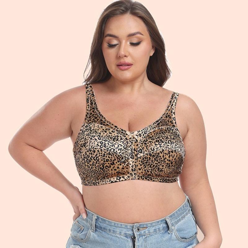 Printed Leopard Print Wire-free Full-cup Bra for Plus-size Girls Ultra-thin Cups No Padding