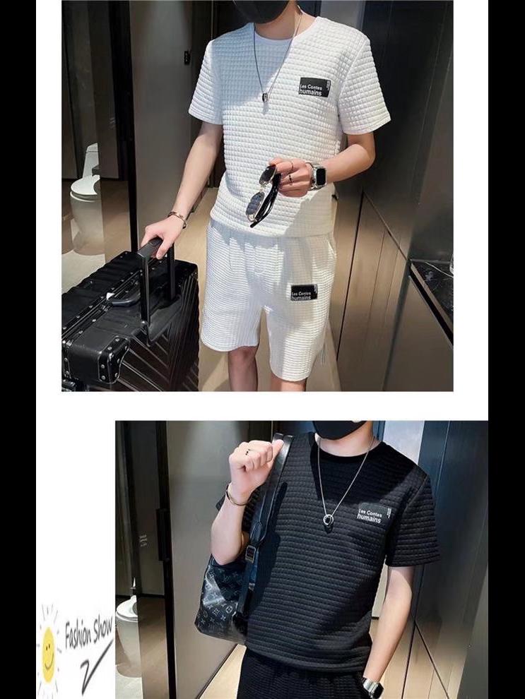 Herr Trendig Våfflad Kortärmad T-shirt och Shorts Sommarset
