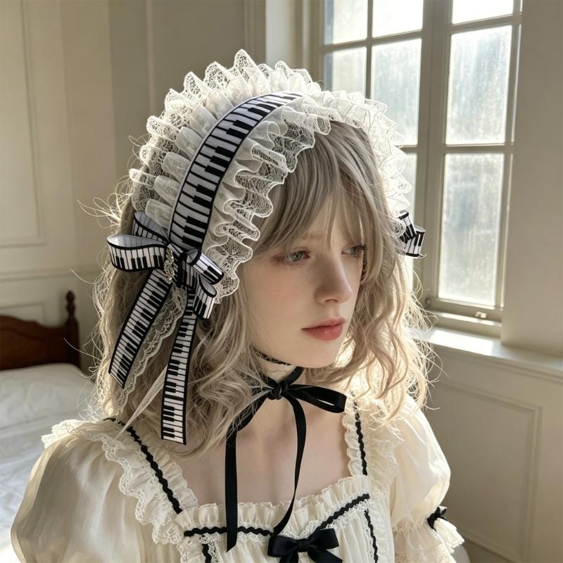 Fashion Lolitas Headbands Soft Durability Lolitas Lace Bows Hair Band With Music Notes for Costume Event