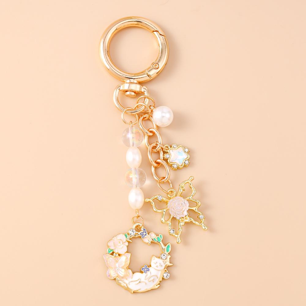 Cute Enamel Flower Butterfly Keychain Women Girls Beads Pearl Key Ring Pendants for Handbag Decor DIY Handmade Jewelry Gifts