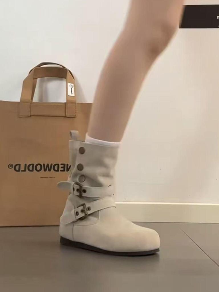 Damen Retro Birkenstock Slouchy Weiße Leder Schnallenstiefel - Faltbar Zwei-Wege-Trageweise mit Erhöhender Innenseite, Herbst/Winter 2025 Kollektion.