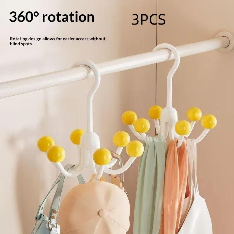 

Multifunctional Home Clothes Hanger Portable Dopamine 360 Degree Rotating Hook With 6 Balls Space Saving Scarf Tie Display Rack 3Pcs