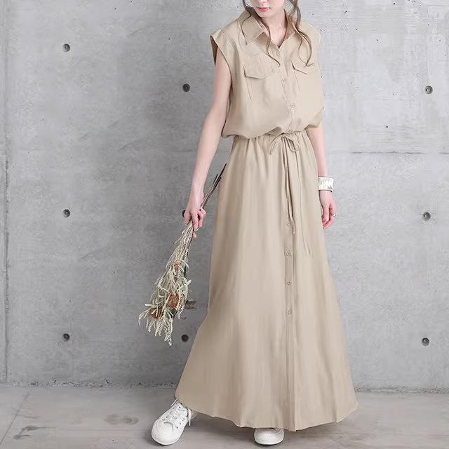 Women's Spring/Autumn Turn-Down Collar Maxi Shirt Dress - Long Sleeve, Solid Color, Casual