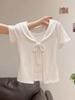 Pure cotton, sweet polka dot doll collar short-sleeved T-shirt for women's summer slim and thin lace-up fake two-piece top