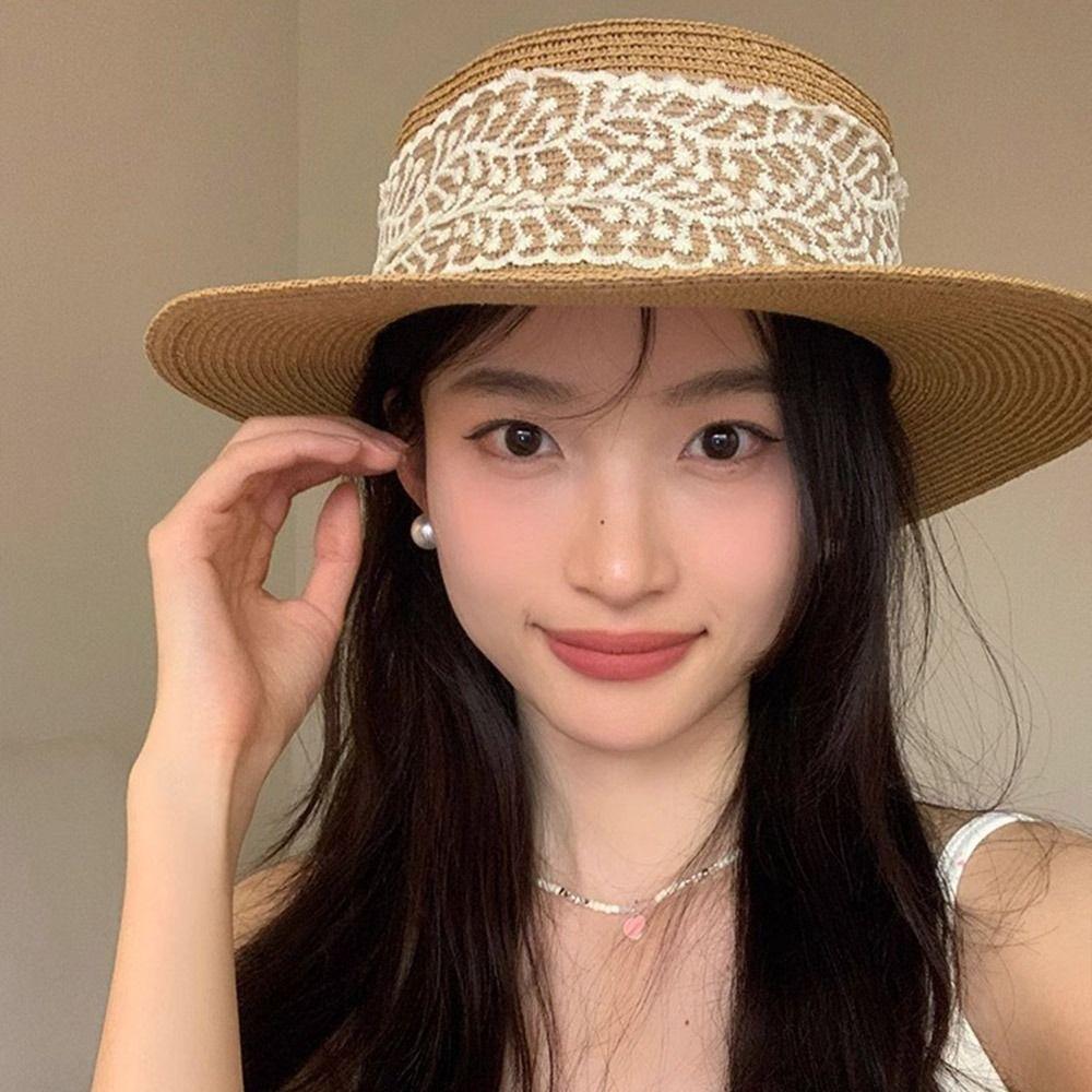 Spring Summer Bow Ribbon Straw Hat French Style Flat Top Sun Hat New Bow Lace Straw Hat  for Lady