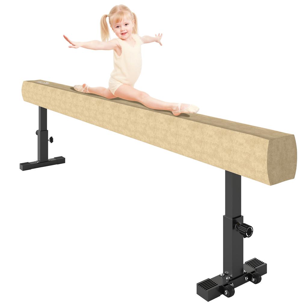 Gymnastics Beam, 226 cm, Non-Slip, Adjustable Height, with Wheels, Steel and Solid Wood, Brown