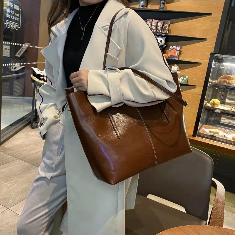 

Сумка через плечо большой вместимости из натуральной кожи Новая модная и универсальная женская сумка для поездок Двухслойная сумка-тоут большого размера из коровьей кожи с масляной восковой пропиткой