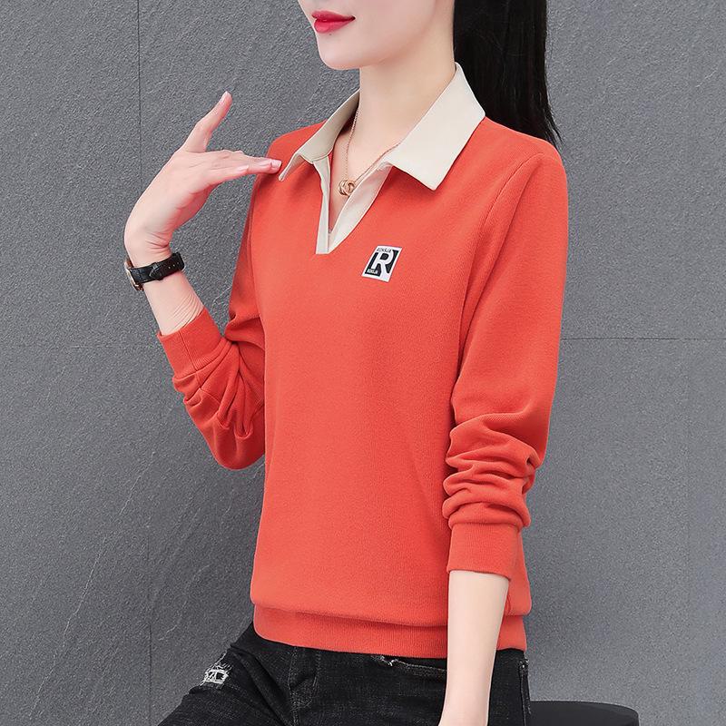 

2024 Модная женская футболка с воротником-поло и длинным рукавом на весну и осень L (105-115 catties) оранжевый