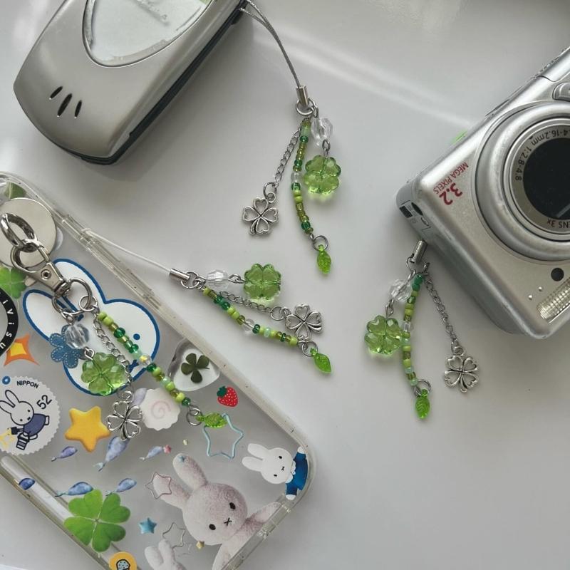 Sweet Grass Leaf Bead Charm Pendant Chain Phone Strap Pocket Keychain Strap Hangings Decoration for Key Bag Purse