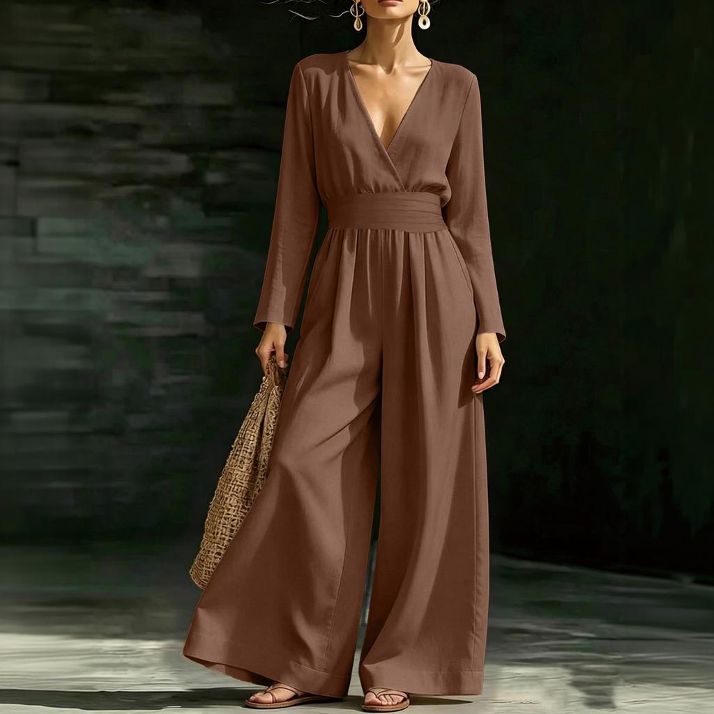 Damen V-Ausschnitt Taillenbetonender Langarm-Jumpsuit, Farbe, Elegant für Arbeit und Abend