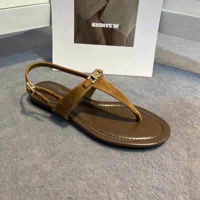 Leather Retro Toe Roman Sandals Women's 2025 Summer New Fashion Casual Flat-bottom Pinch Herringbone Cool Slippers