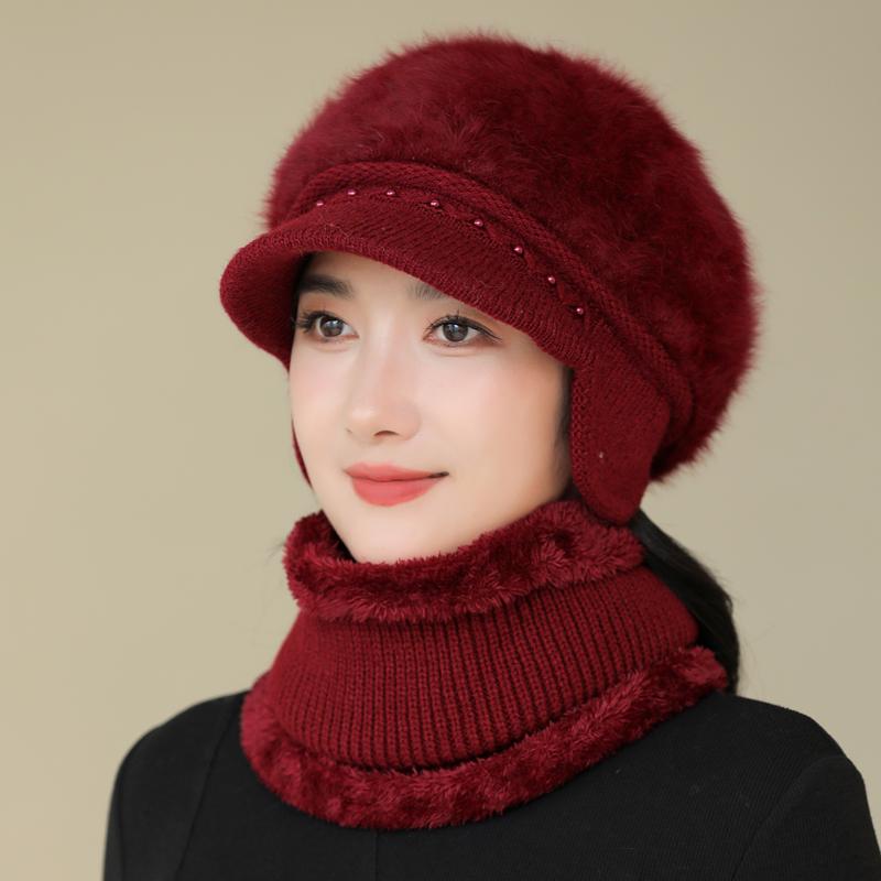 Nová dámská zimní čepice zateplená čepice a šála pletený oblek módní králičí kožešinová čepice pro ženy ležérní květinová pletená čepice