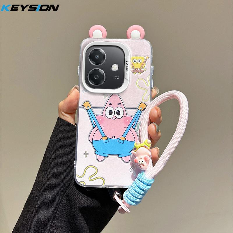 KEYSION Cute Ear Cartoon Case for OPPO A3 A3X 5G A5i with Lanyard Soft Silicone+PC Shockproof Phone Cover for OPPO A40 A40m