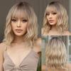 EASIHAIR Light Brown To Platinum Ombre Synthetic Wigs for Women Short Wavy Cosplay Lolita Natural Hair Wig with Bangs Heat Resistant