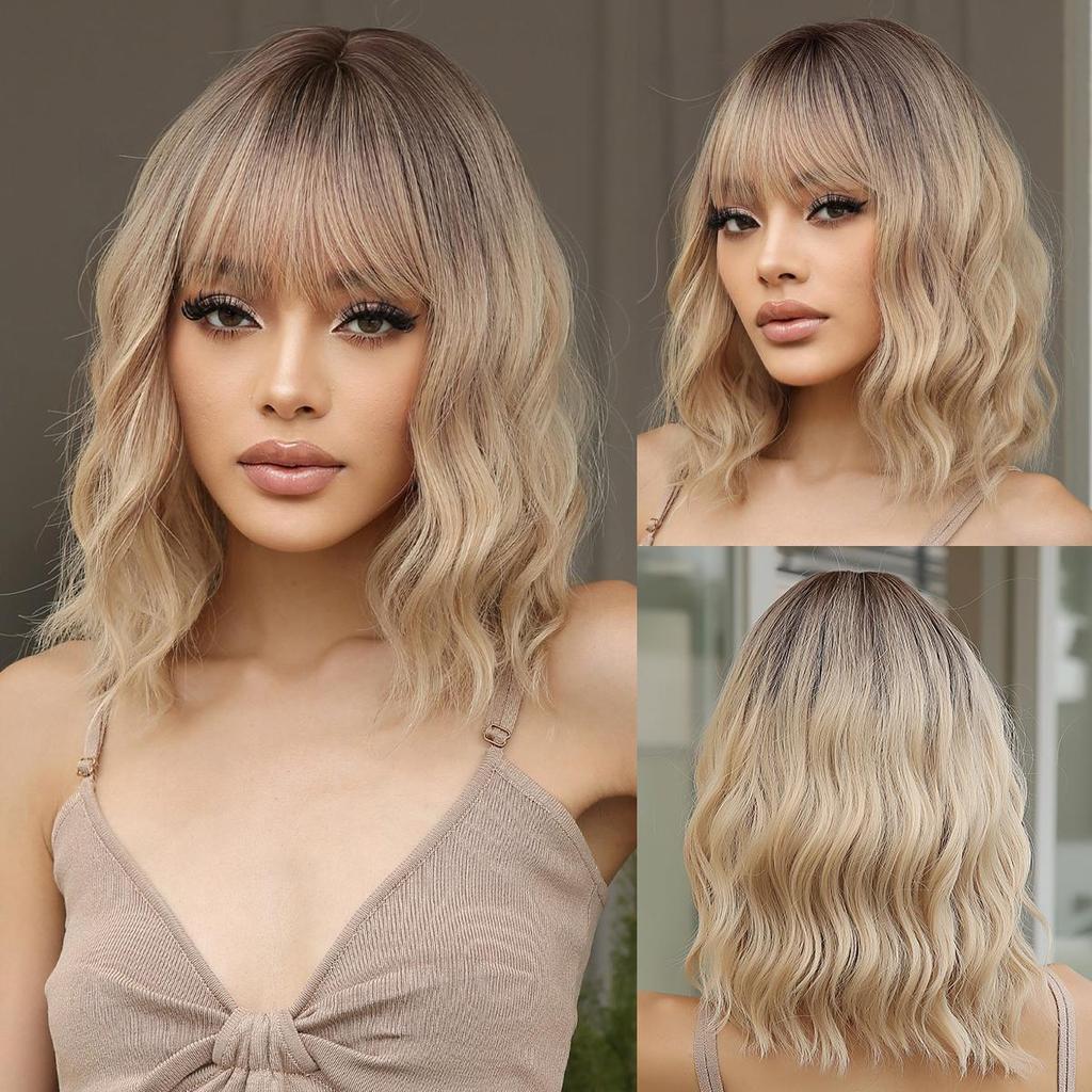 EASIHAIR Light Brown To Platinum Ombre Synthetic Wigs for Women Short Wavy Cosplay Lolita Natural Hair Wig with Bangs Heat Resistant