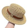 Lightweight Breathable Straw Boater Hat Hollow Out Leather Trim UV Protection Cap for Beach Travel Summer Outdoor Use