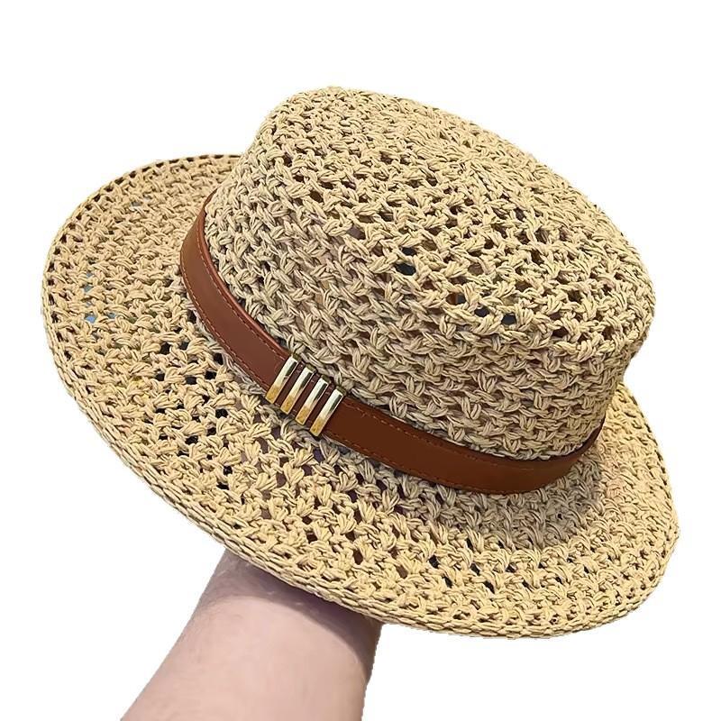 Lightweight Breathable Straw Boater Hat Hollow Out Leather Trim UV Protection Cap for Beach Travel Summer Outdoor Use