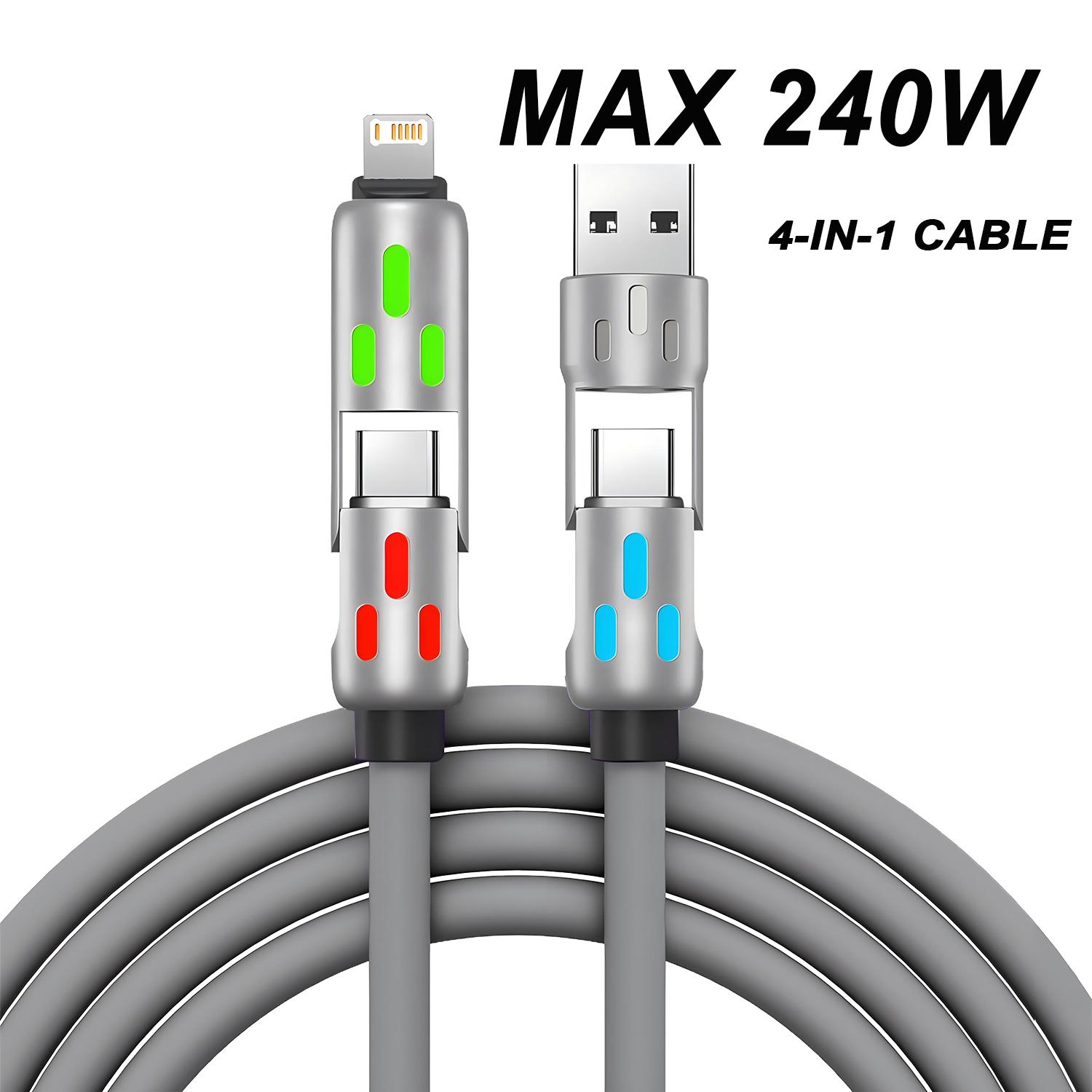 

4in1 Multi Connectors Charger Rotating Elbow USB to Type-C 1.2m Mobile Phone 240W Fast Charging Silicone Cable Data Transfer 1m серый