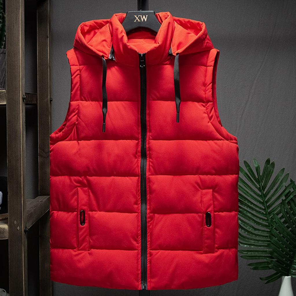 Men's Winter Trend Wear Loose Thick Down Cotton Clip Multi-pocket Solid Color Casual Hooded Vest Coat