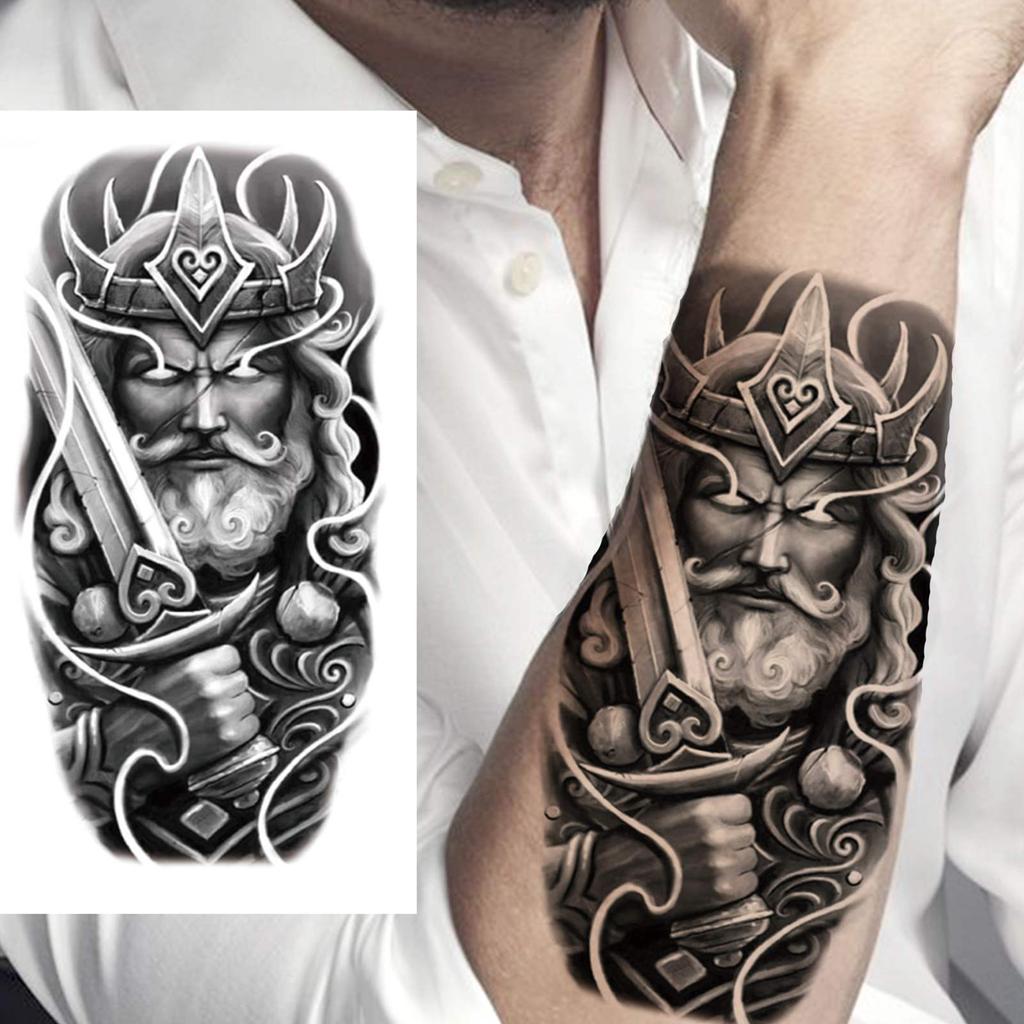 1 Sheet Black Skull God Wolf Eagle Temporary Tattoos For Men Women Full Arm Sleeve Tattoo Sticker Realistic Fake Tiger Lion Ship