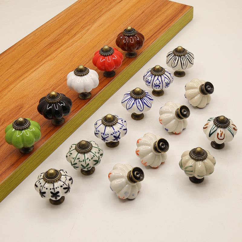 Hand-Painted Pastoral Blue and White Ceramic Pumpkin Drawer Pull