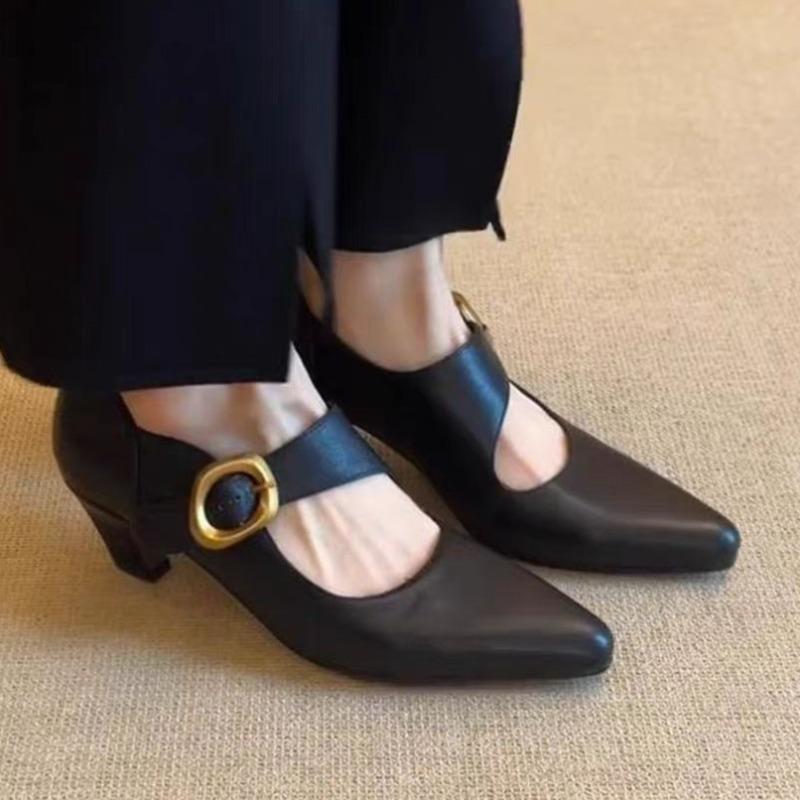 Fashion Fashion Pointed Toe Women Mid Heels Shoes Elegant Chunky Shallow Sandals 2025 Autumn New Trends Pumps Buckle Dress Zapatillas