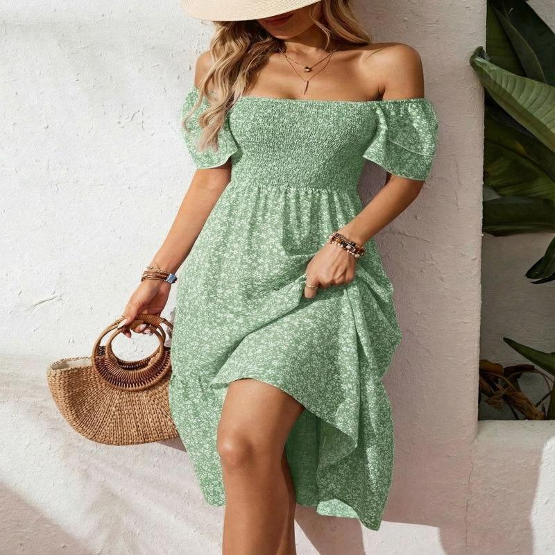 

New wish popular square neck bubble sleeve floral dress long dress XXL