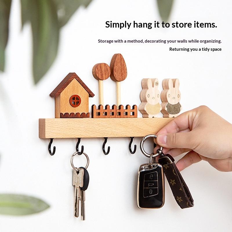 Nordic Style Solid Wood Key Hook Rack Punch Free Wall Mount Holds Keys Coats Towels for Bedroom Entryway Decor