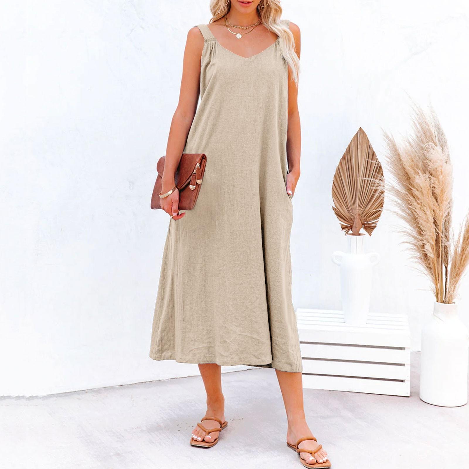 

Женское повседневное свободное платье без рукавов с рюшами и открытой спиной, летнее платье-майка с карманами XXL хаки