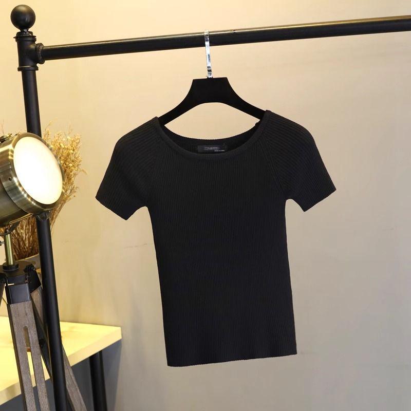 

Летняя женская приталенная трикотажная футболка с коротким рукавом и круглым вырезом – Классический однотонный стиль колледжа Extra Large