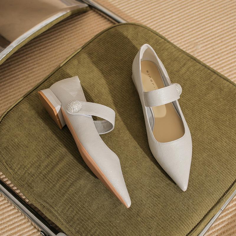 29813 [sheepskin] flat shoes women's thick heel summer 2025 new pointed one-word with Mary Jane single shoes