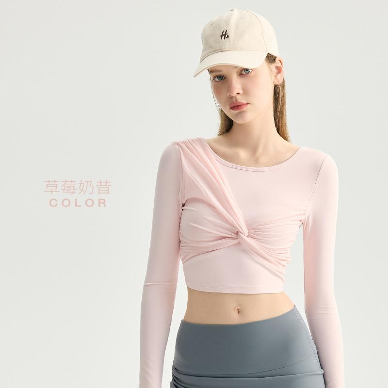 Kink mesh stitching yoga clothes, long sleeves, women's with chest pads, short butterfly back fitness clothes, exposed navel sports top