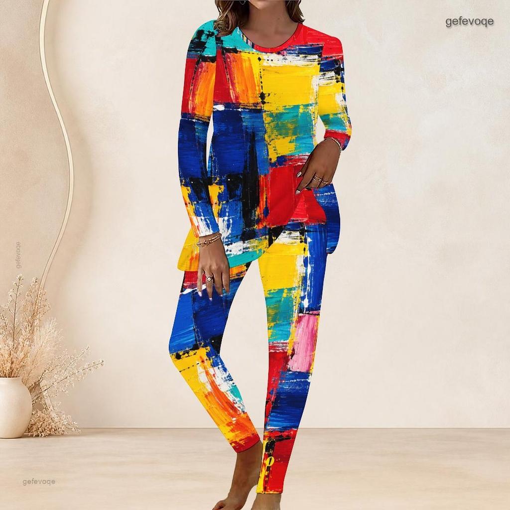 Women Plus Size Abstract Printed Two Piece Pants Set Round Neck Long Sleeve Longline Top Fitted Pants