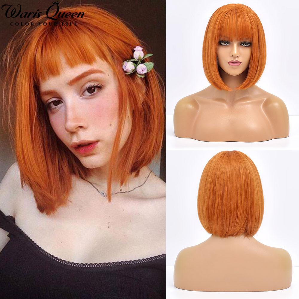 Short Bob Wig With Bangs Orange Stright Wigs For Women  Natural Lolita Daily Party Cosplay Hair Heat Resistant Synthetic Wigs