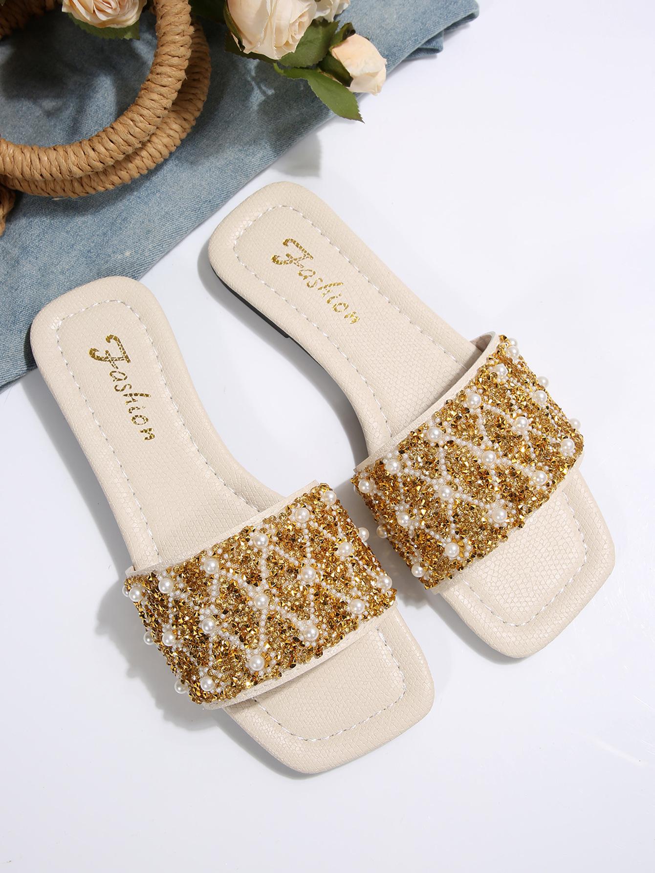 

[Foreign Trade] Flat-bottomed temperament sequined cool slippers women s shoes wear soft-soled high-end silver sandals 43
