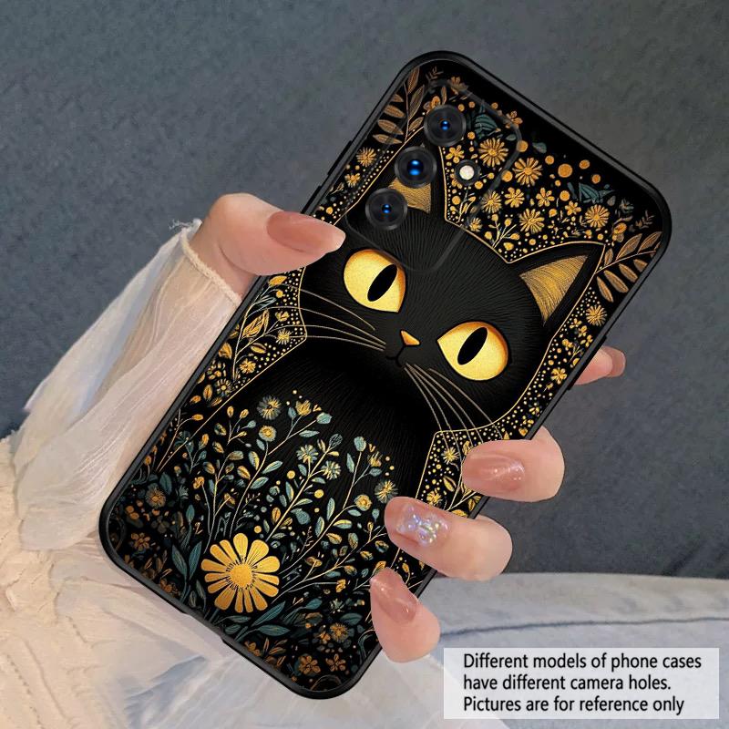 Flower Cat Black For Samsung S20FE S 21 22 23 FE 24 Plus 25 Ultra Galaxy M23 32 34 35 52 53 54 55 5G silicone soft phone case
