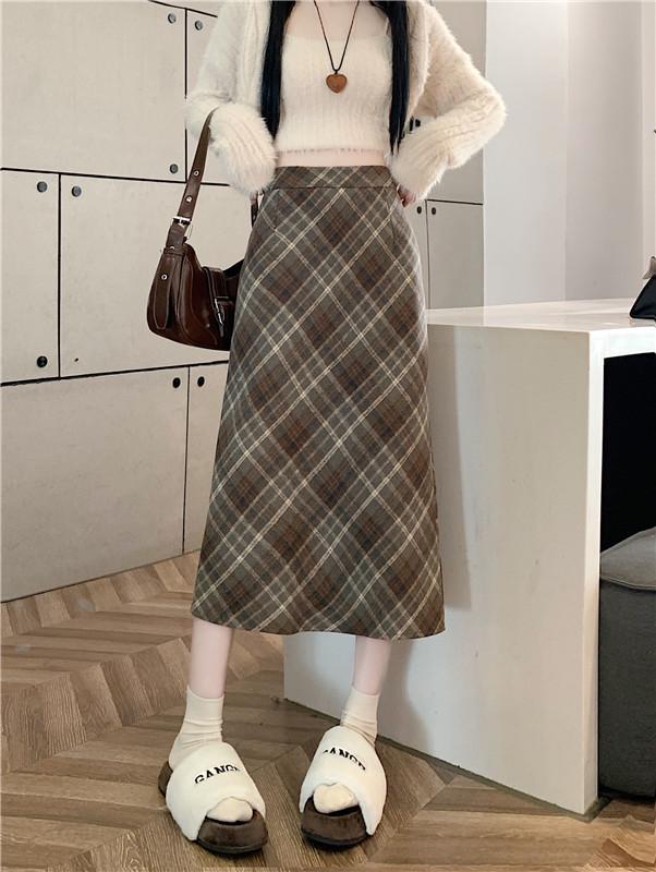 

Plus Size Women s Korean-Style Plaid Woolen High Waist Long Skirt for Winter L хізер сірий колір