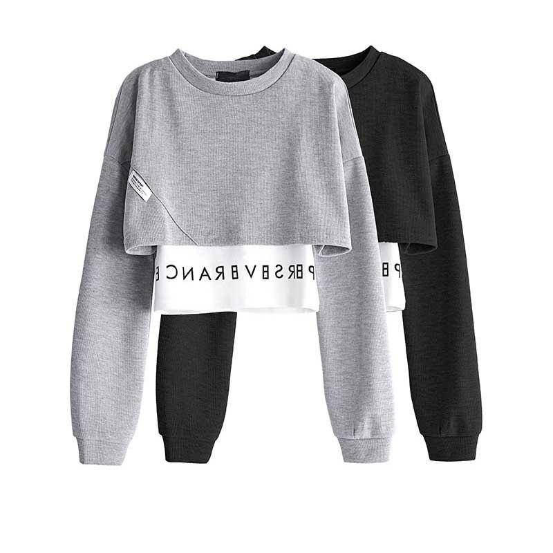 Korean Fake Two Piece Long Sleeve Black Tops All Season Patchwork Streetwear T Shirts