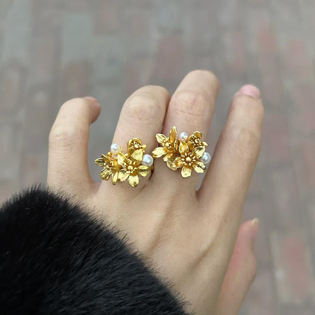 Floral Pearl Ring For Women With Adjustable Open Design In Gold And Silver Finish