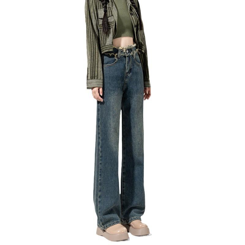 High Waist Wide Leg Jeans Women's Autumn Retro Old Rough Edge Straight Loose and Thin Drape Pants Tide