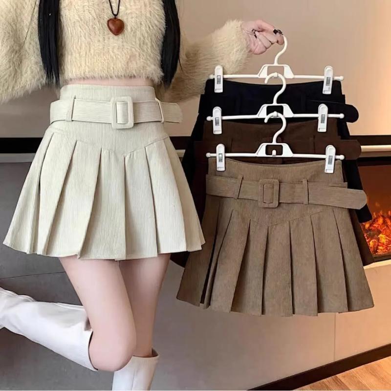 Womens High Waist Corduroy Pleated A Line Mini Skirt With Belt