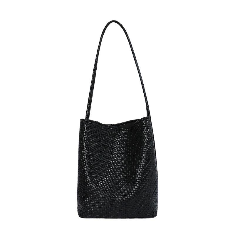 2026 Summer Korean Minimalist Woven Texture Bucket Bag - Large Capacity, Solid Color, Single Shoulder & Handheld