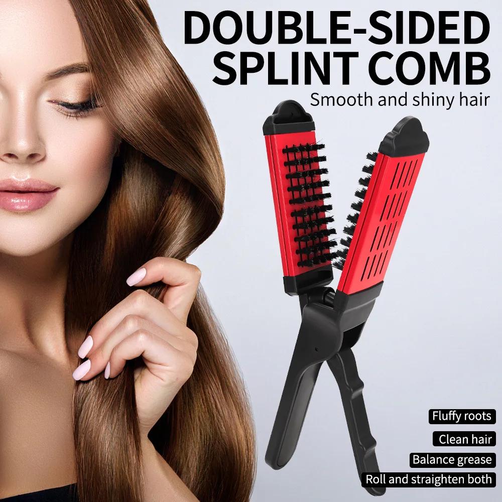 Women Splint Clamp Combs Double Sided V Brush Natural Ceramic Plywood Straightening Comb Women Styling Tools Hair Straightener