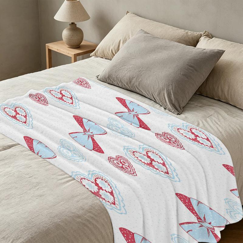 Flannel Blanket with Cute Bow & Heart Design, Soft Warm Cozy Couch Throw for Living Room, Christmas & Halloween Decor Gift