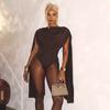 Women Draped Cape Sleeveless Bodysuit Sexy Slim Fit Solid Color Party Clubwear Romper