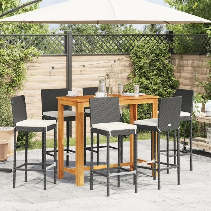 VidaXL Ensemble de bar de jardin 7 pcs noir bois massif acacia rotin, table et chaises de bar d'extérieur, ensemble de 3295280