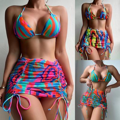 Dámský módní bikiny set 3 kusy Vícebarevný plavkový set Polstrovaný halterový top bez zadního dílu Kalhotky s vysokým vykrojením Šněrovací zakrývací plavky Sexy plavky