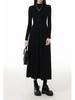 Women's Black High Neck Long Sleeve Bodycon Midi Dress - Petite Waist Slimming 2026 Spring Style