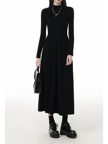 Women's Black High Neck Long Sleeve Bodycon Midi Dress - Petite Waist Slimming 2026 Spring Style