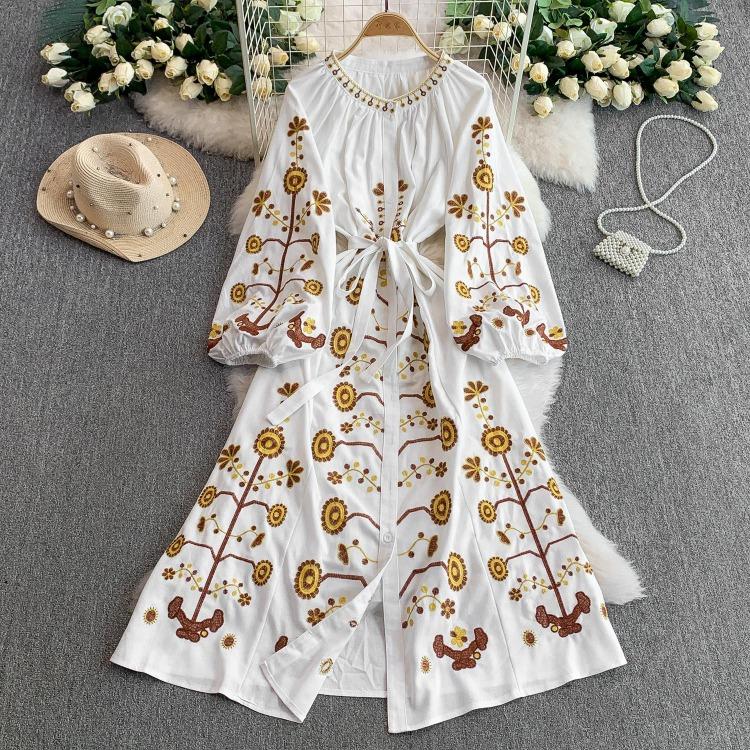 Vintage Embroidered Bandage Dress for Women Bohemian Lantern Sleeve Long Dress with Buttons Spring Autumn Vestidos Mujer